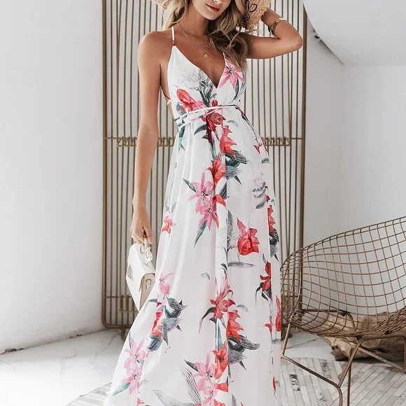 New Floral Print Backless Wrap Split Slip Dress - Picture 6 of 7